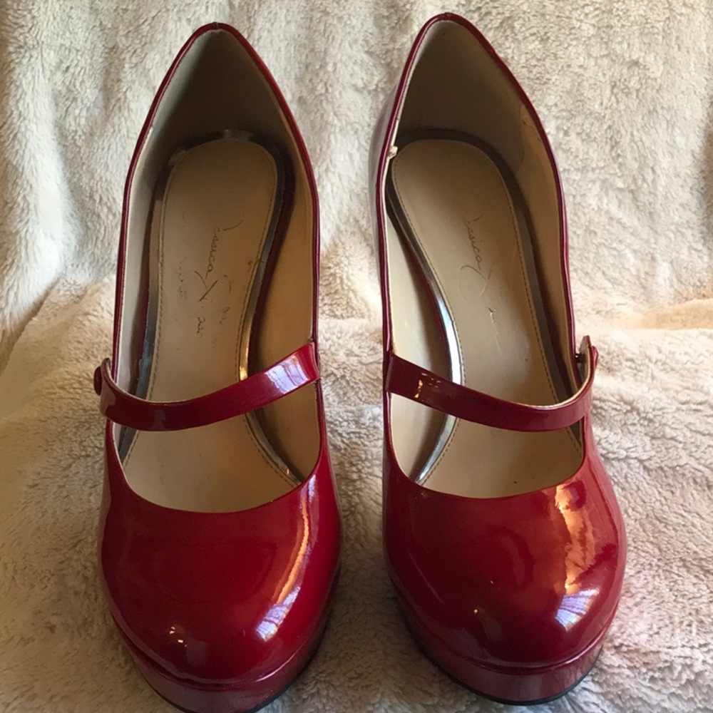 Red patent Maryjane style platform stiletto.